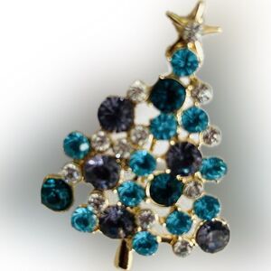 Vintage Style Goldplated Blue Crystal Xmas Tree Bling Crystal Fashion Brooch